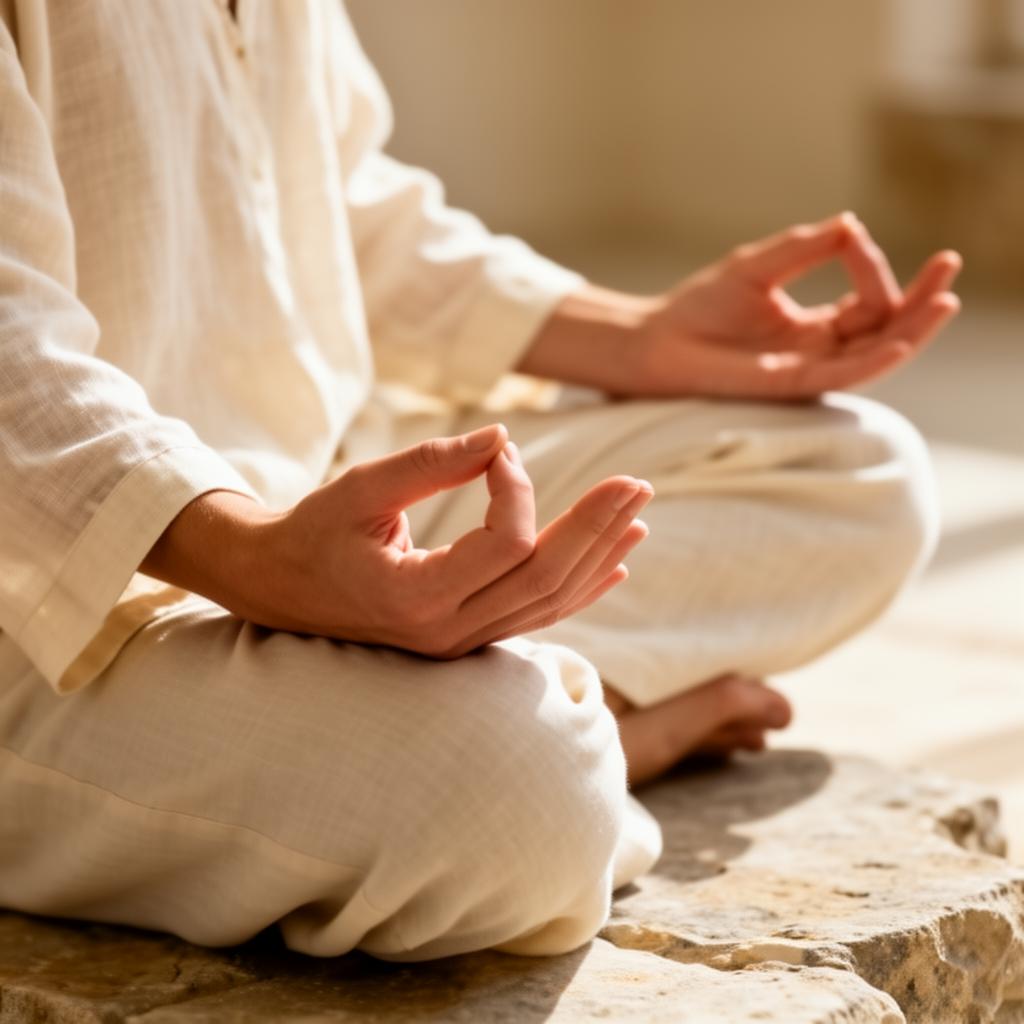 Manos en posición de meditación con luz cálida